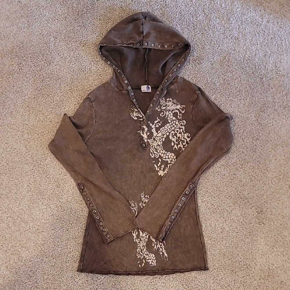 Brown Hooded Women's Top with Embellishments